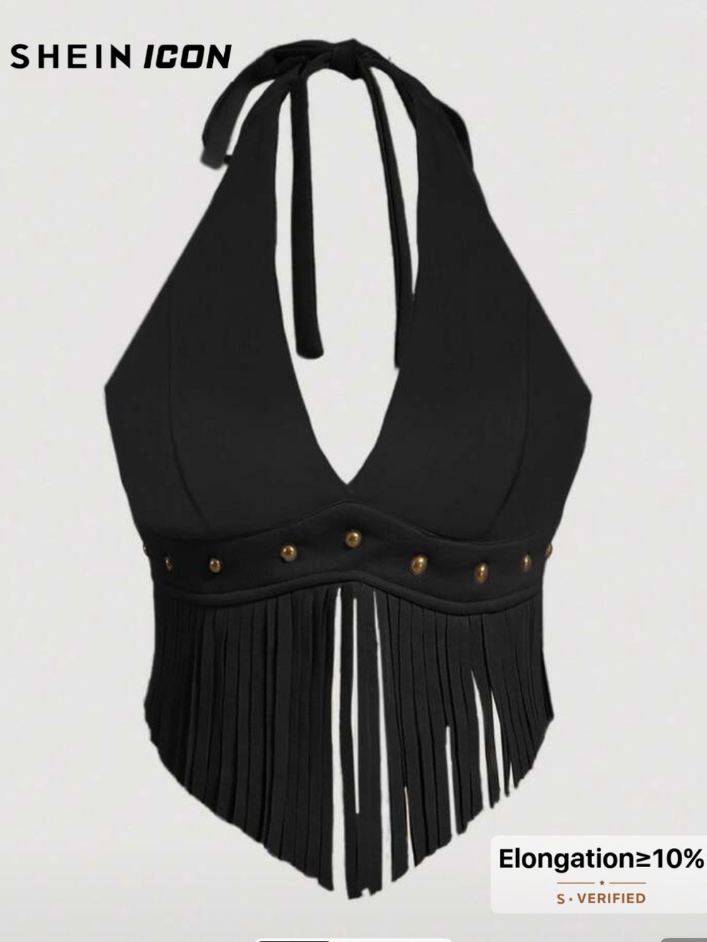 SHEIN Black Studded Fringe Halter Crop Top